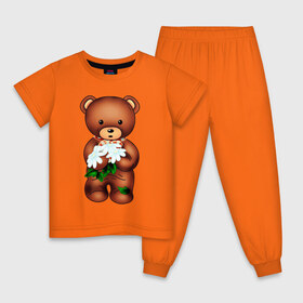 Детская пижама хлопок с принтом Мишка с цветами , 100% хлопок |  брюки и футболка прямого кроя, без карманов, на брюках мягкая резинка на поясе и по низу штанин
 | арт | медведь | медвежонок | медвежонок с цветами | михаил | миша | мишутка | цветы