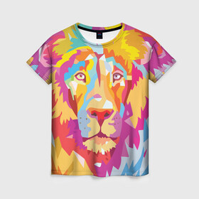 Женская футболка 3D с принтом Акварельный лев , 100% полиэфир ( синтетическое хлопкоподобное полотно) | прямой крой, круглый вырез горловины, длина до линии бедер | арт | грива | деко | жедтая | животные | закат | зверей | золото | кошка | лев | лето | львенок | неоновая | очки | пляж | прайд | разноцветная | солнце | тигр | узоры | царь | яркие
