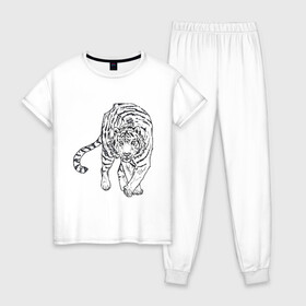 Женская пижама хлопок с принтом Тигр , 100% хлопок | брюки и футболка прямого кроя, без карманов, на брюках мягкая резинка на поясе и по низу штанин | белый тигр | бенгальский тигр | большие кошки | дикие кошки | крупные кошки | тигр