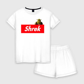Женская пижама с шортиками хлопок с принтом Shrek , 100% хлопок | футболка прямого кроя, шорты свободные с широкой мягкой резинкой | shrek | shrek is life | мемы | огр кек | суприм | суприм лого | шрек