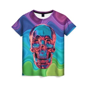 Женская футболка 3D с принтом Color skull , 100% полиэфир ( синтетическое хлопкоподобное полотно) | прямой крой, круглый вырез горловины, длина до линии бедер | color | jaw | neon | skull | teeth | vanguard | авангард | зубы | неон | пасть | цвет | череп