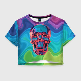 Женская футболка Crop-top 3D с принтом Color skull , 100% полиэстер | круглая горловина, длина футболки до линии талии, рукава с отворотами | color | jaw | neon | skull | teeth | vanguard | авангард | зубы | неон | пасть | цвет | череп