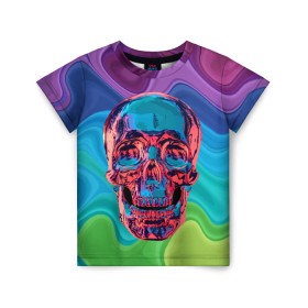 Детская футболка 3D с принтом Color skull , 100% гипоаллергенный полиэфир | прямой крой, круглый вырез горловины, длина до линии бедер, чуть спущенное плечо, ткань немного тянется | Тематика изображения на принте: color | jaw | neon | skull | teeth | vanguard | авангард | зубы | неон | пасть | цвет | череп