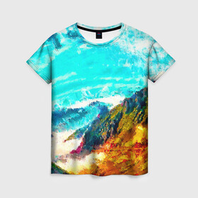 Женская футболка 3D с принтом Японские горы , 100% полиэфир ( синтетическое хлопкоподобное полотно) | прямой крой, круглый вырез горловины, длина до линии бедер | art | japan | summer | азия | акварель | восток | восход | горы | деревья | искусство | картина | краски | красочный | лес | летние | лето | мазки | небесный | облака | пейзаж | природа | разноцветные | рассвет