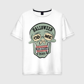 Женская футболка хлопок Oversize с принтом Retro , 100% хлопок | свободный крой, круглый ворот, спущенный рукав, длина до линии бедер
 | grin | halloween | jaw | party | retro | skull | teeth | вечеринка | зубы | оскал | пасть | ретро | хэллоуин | череп
