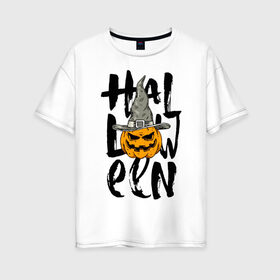 Женская футболка хлопок Oversize с принтом Halloween , 100% хлопок | свободный крой, круглый ворот, спущенный рукав, длина до линии бедер
 | eyes | halloween | hat | jaw | pumpkin | smile | глаза | пасть | тыква | улыбка | хэллоуин | шляпа