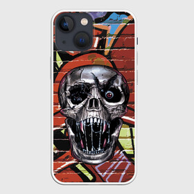 Чехол для iPhone 13 mini с принтом Horror ,  |  | bat | eye | fangs | fear | graffiti | grin | halloween | horror | jaw | saliva | skull | teeth | wall | глаз | граффити | зубы | клыки | летучая мышь | оскал | пасть | слюна | стена | ужас | хэллоуин | череп