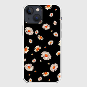 Чехол для iPhone 13 mini с принтом Ромашки в ночи ,  |  | blackandwhite | flowers | nature | pattern | summer | белыецветы | бутоны | девушкам | лепестки | летние | листья | ночные | ночь | паттерн | поле | природа | ретро | ромашки | ромашковое | россыпь | сад | узоры | флорист