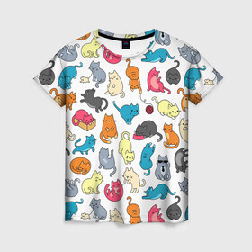 Женская футболка 3D с принтом Кошачья стая , 100% полиэфир ( синтетическое хлопкоподобное полотно) | прямой крой, круглый вырез горловины, длина до линии бедер | арт | белый | желтый | кот | коты | кошка | кошки | красный | рисунок | розовый | рыжий | серый | синий | цветные коты | цветные кошки | черный