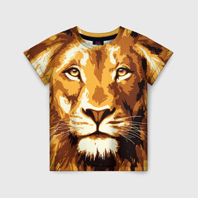 Детская футболка 3D с принтом Взгляд льва , 100% гипоаллергенный полиэфир | прямой крой, круглый вырез горловины, длина до линии бедер, чуть спущенное плечо, ткань немного тянется | арт | грива | деко | жедтая | животные | закат | зверей | золото | кошка | лев | лето | львенок | неоновая | очки | пляж | прайд | разноцветная | солнце | тигр | узоры | царь | яркие