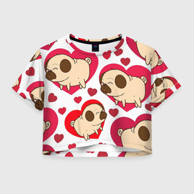 Женская футболка Crop-top 3D с принтом Мопсики , 100% полиэстер | круглая горловина, длина футболки до линии талии, рукава с отворотами | арт | любовь | мопс | мопсики | рисунок | сердца | сердце | собака | собаки | собачки