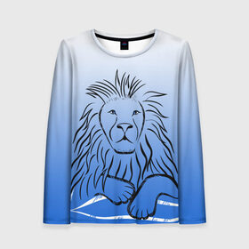 Женский лонгслив 3D с принтом MY KINGDOM , 100% полиэстер | длинные рукава, круглый вырез горловины, полуприлегающий силуэт | lion | градиент | контурный рисунок | лев | лев по гороскопу | на синем фоне | подарить льву