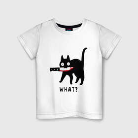 Детская футболка хлопок с принтом WHAT & CAT , 100% хлопок | круглый вырез горловины, полуприлегающий силуэт, длина до линии бедер | art | black | black cat | cat | dark | dark cat | what | what cat | what mem | арт | вопрос | интернет мем | кот | кот арт | кот мем | кошачье лицо | кошачья мордочка | мем | нож | прикол | прикольный кот | убица | чёрный | чёрный кот