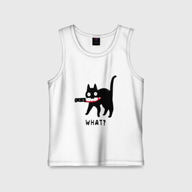 Детская майка хлопок с принтом WHAT & CAT ,  |  | art | black | black cat | cat | dark | dark cat | what | what cat | what mem | арт | вопрос | интернет мем | кот | кот арт | кот мем | кошачье лицо | кошачья мордочка | мем | нож | прикол | прикольный кот | убица | чёрный | чёрный кот