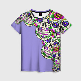 Женская футболка 3D с принтом Calavera 2 , 100% полиэфир ( синтетическое хлопкоподобное полотно) | прямой крой, круглый вырез горловины, длина до линии бедер | Тематика изображения на принте: color | краски | мексиканский | череп