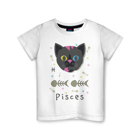 Детская футболка хлопок с принтом Pisces , 100% хлопок | круглый вырез горловины, полуприлегающий силуэт, длина до линии бедер | horoscope | pisces | гороскоп | знак | зодиак | зодиака | кот | рыба | рыбы | скелет