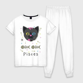 Женская пижама хлопок с принтом Pisces , 100% хлопок | брюки и футболка прямого кроя, без карманов, на брюках мягкая резинка на поясе и по низу штанин | horoscope | pisces | гороскоп | знак | зодиак | зодиака | кот | рыба | рыбы | скелет