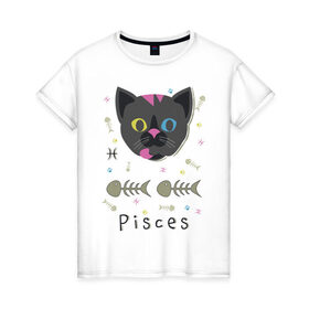 Женская футболка хлопок с принтом Pisces , 100% хлопок | прямой крой, круглый вырез горловины, длина до линии бедер, слегка спущенное плечо | horoscope | pisces | гороскоп | знак | зодиак | зодиака | кот | рыба | рыбы | скелет