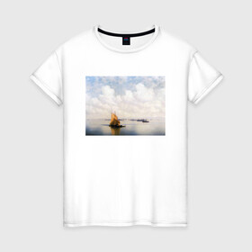 Женская футболка хлопок с принтом картина Айвазовского , 100% хлопок | прямой крой, круглый вырез горловины, длина до линии бедер, слегка спущенное плечо | айвазовский | корабль | море | облака | рисунок