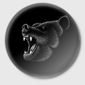 Значок с принтом Черный медведь ,  металл | круглая форма, металлическая застежка в виде булавки | art | bear | bears | drawing | russian | siberia | siberian | арт | белый | бурый | злой | зубы | косолапый | медведь | мелками | мелком | мелом | мех | миша | мишка | нарисованный | пасть | потапыч | рисунок | русский | рык | рычит