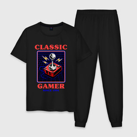 Мужская пижама хлопок с принтом Classic Gamer , 100% хлопок | брюки и футболка прямого кроя, без карманов, на брюках мягкая резинка на поясе и по низу штанин
 | 8 bit | 8 бит | 8bit | 8бит | boomer | dendy | game | gamer | games | geek | joystick | nerd | oldschool | sega | бумер | гик | дед | денди | джойстик | для гика | для гиков | игра | игры | классика | классические | нерд | олдскул | с