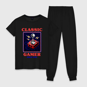 Женская пижама хлопок с принтом Classic Gamer , 100% хлопок | брюки и футболка прямого кроя, без карманов, на брюках мягкая резинка на поясе и по низу штанин | 8 bit | 8 бит | 8bit | 8бит | boomer | dendy | game | gamer | games | geek | joystick | nerd | oldschool | sega | бумер | гик | дед | денди | джойстик | для гика | для гиков | игра | игры | классика | классические | нерд | олдскул | с