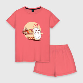 Женская пижама с шортиками хлопок с принтом Суши Лунатик , 100% хлопок | футболка прямого кроя, шорты свободные с широкой мягкой резинкой | Тематика изображения на принте: cute | dream | i love | roll | rolls | sleeping | sleepwalker | sushi | вкусные | во сне | лунатизм | лунатик | люблю | милые | нямка | одеялко | одеяло | прикольные | проснулся | рис | ролл | роллы | с рисом | с семгой | семга | спит