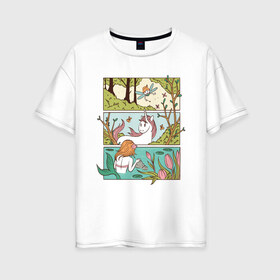 Женская футболка хлопок Oversize с принтом Зачарованный лес , 100% хлопок | свободный крой, круглый ворот, спущенный рукав, длина до линии бедер
 | comics | comix | enchanted | fairy | forest | mermaid | unicorn | бабочка | в лесу | единорог | единорожка | зачарованный | иллюстрация | комикс | красивая | лес | лесная | лесной | миф | мифические | природа | русалка