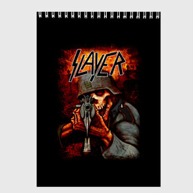 Скетчбук с принтом Slayer , 100% бумага
 | 48 листов, плотность листов — 100 г/м2, плотность картонной обложки — 250 г/м2. Листы скреплены сверху удобной пружинной спиралью | Тематика изображения на принте: kerry king | musical group | repentless | slayer | tom araya | метал | том арайа | трэш