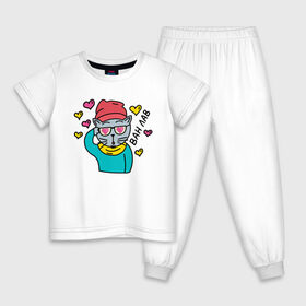 Детская пижама хлопок с принтом Влюбленный кот-хипстер , 100% хлопок |  брюки и футболка прямого кроя, без карманов, на брюках мягкая резинка на поясе и по низу штанин
 | 
