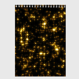 Скетчбук с принтом Золотые звёзды , 100% бумага
 | 48 листов, плотность листов — 100 г/м2, плотность картонной обложки — 250 г/м2. Листы скреплены сверху удобной пружинной спиралью | блеск | звёзды | золото | ночь | сияние | темнота | черный