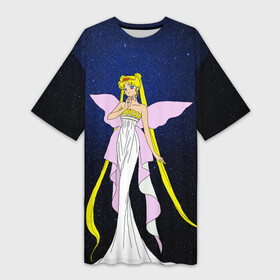 Платье-футболка 3D с принтом Принцесса Серенити ,  |  | Тематика изображения на принте: bunny | luna | princess | sailormoon | serenity | stars | tsukino | usagi | wings | ангел | девушка | детские | звездная | звезды | королева | корона | космические | крылья | луна | любовь | малышка | радуга | сейлормун | токио | усаги