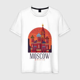 Мужская футболка хлопок с принтом Moscow Москва , 100% хлопок | прямой крой, круглый вырез горловины, длина до линии бедер, слегка спущенное плечо. | basil | church | city | kremlin | moscow | russia | saint | st basil church | symbol | василия блаженного | город | города | достопримечательности | достопримечательность | красная площадь | кремль | москва | отдых | россия | символ