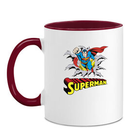 Кружка двухцветная с принтом Superman , керамика | объем — 330 мл, диаметр — 80 мм. Цветная ручка и кайма сверху, в некоторых цветах — вся внутренняя часть | man | steel | superman | vdzajul | супермен | супермэн