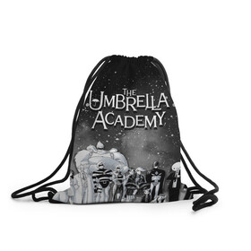 Рюкзак-мешок 3D с принтом The Umbrella Academy , 100% полиэстер | плотность ткани — 200 г/м2, размер — 35 х 45 см; лямки — толстые шнурки, застежка на шнуровке, без карманов и подкладки | the umbrella academy | umbrella | академия амбрелла | амбрелла | герб | зонтик