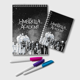 Блокнот с принтом The Umbrella Academy , 100% бумага | 48 листов, плотность листов — 60 г/м2, плотность картонной обложки — 250 г/м2. Листы скреплены удобной пружинной спиралью. Цвет линий — светло-серый
 | the umbrella academy | umbrella | академия амбрелла | амбрелла | герб | зонтик