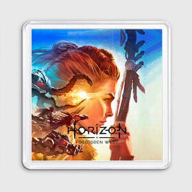 Магнит 55*55 с принтом Horizon Forbidden West , Пластик | Размер: 65*65 мм; Размер печати: 55*55 мм | aloy | guerrilla games | horizon forbidden west | hunt | zero dawn | горизонт | запретный запад | игры | нулевой рассвет | охота | элой