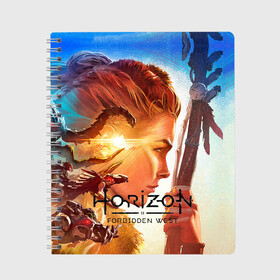 Тетрадь с принтом Horizon Forbidden West , 100% бумага | 48 листов, плотность листов — 60 г/м2, плотность картонной обложки — 250 г/м2. Листы скреплены сбоку удобной пружинной спиралью. Уголки страниц и обложки скругленные. Цвет линий — светло-серый
 | aloy | guerrilla games | horizon forbidden west | hunt | zero dawn | горизонт | запретный запад | игры | нулевой рассвет | охота | элой