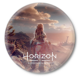 Значок с принтом Horizon Forbidden West ,  металл | круглая форма, металлическая застежка в виде булавки | Тематика изображения на принте: aloy | guerrilla games | horizon forbidden west | hunt | zero dawn | горизонт | запретный запад | игры | нулевой рассвет | охота | элой