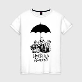 Женская футболка хлопок с принтом Академия Амбрелла , 100% хлопок | прямой крой, круглый вырез горловины, длина до линии бедер, слегка спущенное плечо | Тематика изображения на принте: the umbrella academy | umbrella | академия амбрелла | амбрелла | герб | зонтик