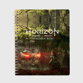 Тетрадь с принтом Horizon Forbidden West , 100% бумага | 48 листов, плотность листов — 60 г/м2, плотность картонной обложки — 250 г/м2. Листы скреплены сбоку удобной пружинной спиралью. Уголки страниц и обложки скругленные. Цвет линий — светло-серый
 | Тематика изображения на принте: aloy | guerrilla games | horizon forbidden west | hunt | zero dawn | горизонт | запретный запад | игры | нулевой рассвет | охота | элой