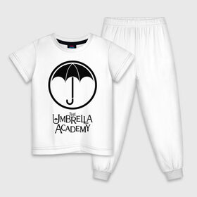 Детская пижама хлопок с принтом Академия Амбрелла , 100% хлопок |  брюки и футболка прямого кроя, без карманов, на брюках мягкая резинка на поясе и по низу штанин
 | Тематика изображения на принте: the umbrella academy | umbrella | академия амбрелла | амбрелла | герб | зонтик