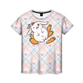 Женская футболка 3D с принтом Зайка обжора , 100% полиэфир ( синтетическое хлопкоподобное полотно) | прямой крой, круглый вырез горловины, длина до линии бедер | веган | вегетарианец | животное | зайцы | зайчик | зайчонок | заяц | кролик | кроль | крольчонок | овощи | пушистик