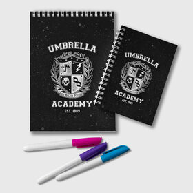 Блокнот с принтом Академия Амбрелла , 100% бумага | 48 листов, плотность листов — 60 г/м2, плотность картонной обложки — 250 г/м2. Листы скреплены удобной пружинной спиралью. Цвет линий — светло-серый
 | Тематика изображения на принте: the umbrella academy | umbrella | академия амбрелла | амбрелла | герб | зонтик