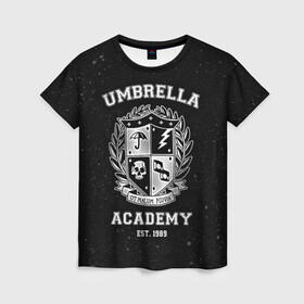 Женская футболка 3D с принтом Академия Амбрелла , 100% полиэфир ( синтетическое хлопкоподобное полотно) | прямой крой, круглый вырез горловины, длина до линии бедер | the umbrella academy | umbrella | академия амбрелла | амбрелла | герб | зонтик