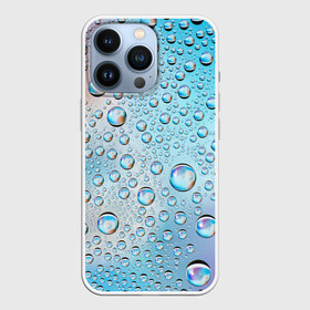 Чехол для iPhone 13 Pro с принтом Капли голубой роса стекло вода ,  |  | Тематика изображения на принте: вода | градиент | для всех | дождь | капли | летний | на каждый день | обычный | окно | поверхность | повседневный | размытость | роса | стекло