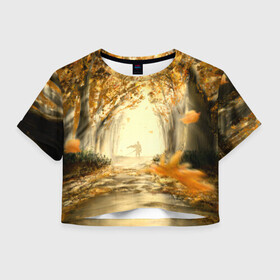 Женская футболка Crop-top 3D с принтом Ghost of Tsushima , 100% полиэстер | круглая горловина, длина футболки до линии талии, рукава с отворотами | ghost of tsushima | аллея | арт | деревья | дзин сакай | листья | лужа | осень | самурай | тсусима | тсушима