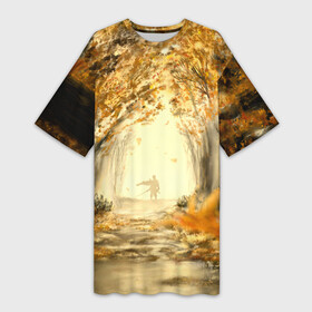 Платье-футболка 3D с принтом Ghost of Tsushima ,  |  | ghost of tsushima | аллея | арт | деревья | дзин сакай | листья | лужа | осень | самурай | тсусима | тсушима