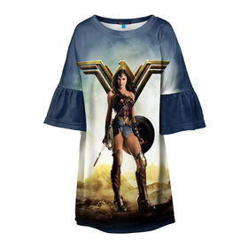 Детское платье 3D с принтом Wonder Woman , 100% полиэстер | прямой силуэт, чуть расширенный к низу. Круглая горловина, на рукавах — воланы | Тематика изображения на принте: justice league movie | vdpartat | wonder woman | знаки | лига справедливости | супер герои | чудо женщина