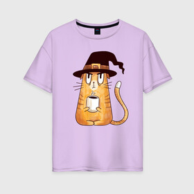 Женская футболка хлопок Oversize с принтом Сердитый котик с кофе , 100% хлопок | свободный крой, круглый ворот, спущенный рукав, длина до линии бедер
 | cat | coffee | grumpy | hot | kitten | kitty | pussycat | witch | ароматный | в колпаке | в шляпе | ведьма | горячий | злой | кот | котик | котэ | кофе | кофеек | кошка | кружка | милый | не выспался | недовольный | прикол | сердитый